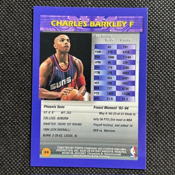 1994-95 Topps Finest Charles Barkley #34 Phoenix Suns W/Peel - Picture 2 of 2